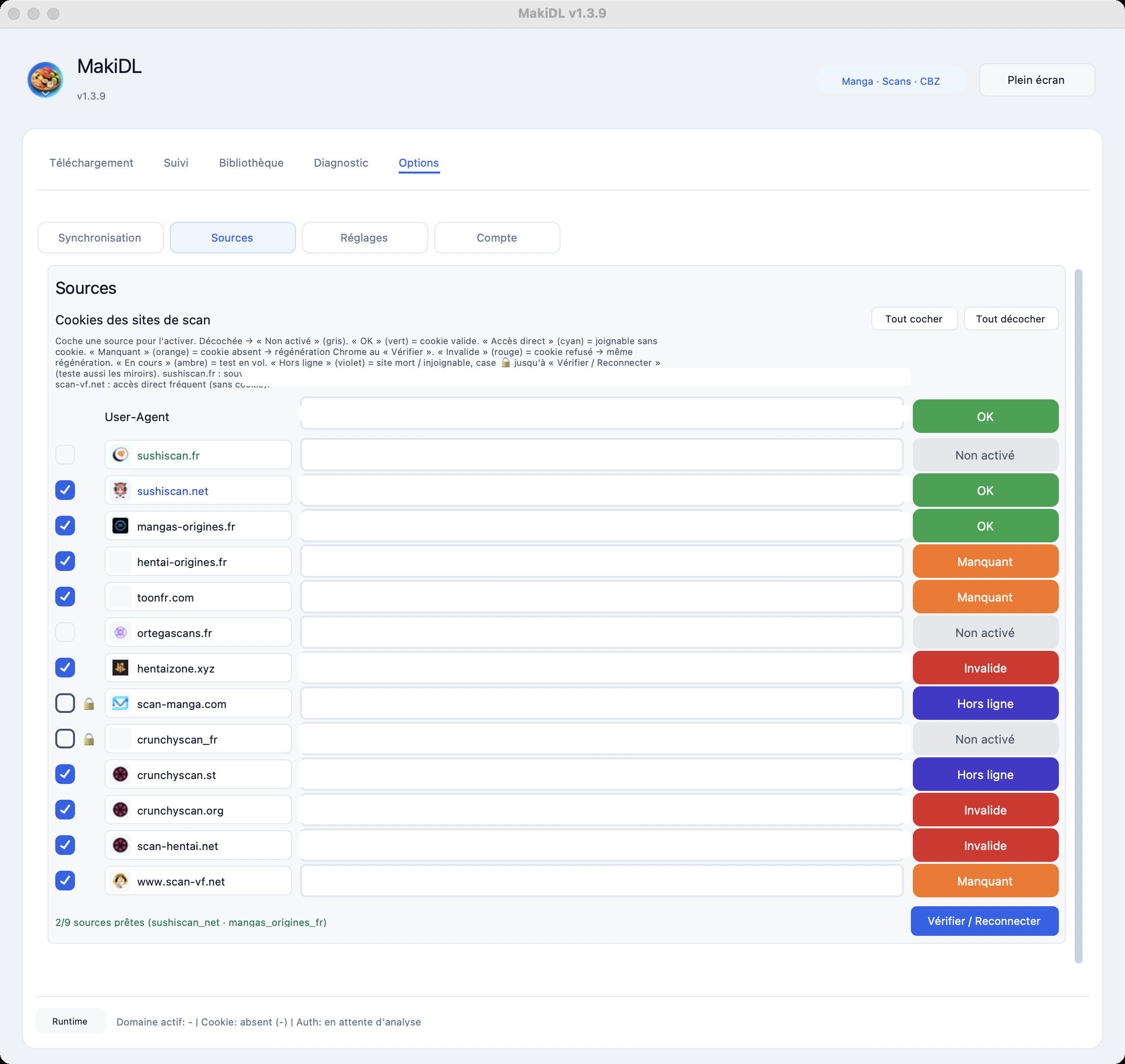 Options, Sources, badges de chaque source sur Mac